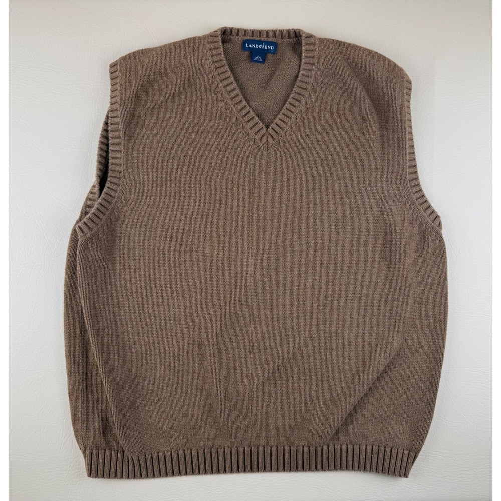 Vintage Preppy Sweater Vest V-Neck Knit Brown XL Lands End